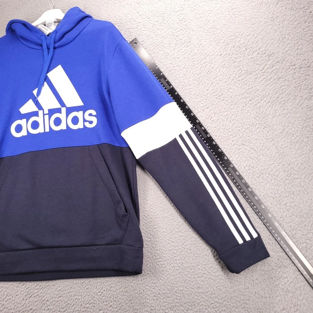 ADIDAS Sweater Mens Size LARGE Essentials Fleece Blue Colorblock Logo Hoodie‎
